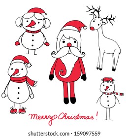 Isolated cute Santa, reindeer and snowmen