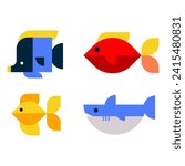 Isolated cute sea fish. Set of freshwater aquarium cartoon fish for print, children development. Varieties of decorative colored fish, flat geometric fish design