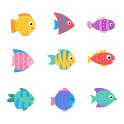 Einziger Süßer Seefisch. Set Von Süßwasser Aquarium Cartoon Fisch Für Druck, Kinder Entwicklung. Sorten Von Dekorativen Fischen, Flaches Geometrisches Fischdesign