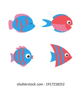 Isolated cute sea fish. Set of freshwater aquarium cartoon fish for print, children development. Varieties of decorative colored fish, flat geometric fish design