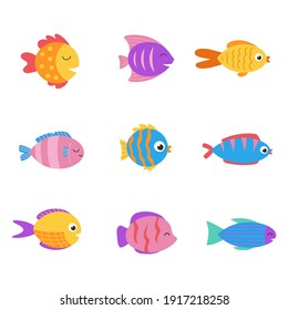 Isolated cute sea fish. Set of freshwater aquarium cartoon fish for print, children development. Varieties of decorative colored fish, flat geometric fish design