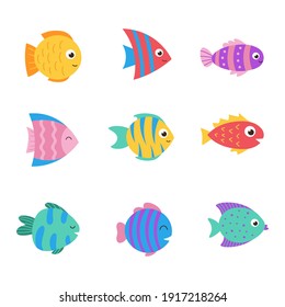 Isolated cute sea fish  Set freshwater aquarium cartoon fish for print  children development  Varieties decorative colored fish  flat geometric fish design