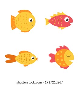 Isolated cute sea fish. Set of freshwater aquarium cartoon fish for print, children development. Varieties of decorative colored fish, flat geometric fish design