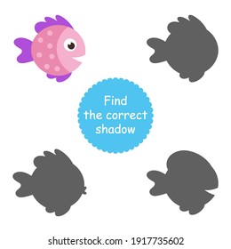 Isolated cute sea fish. Set of freshwater aquarium cartoon fish for printing, children development, find the correct shadow. Varieties of decorative colored fish