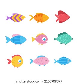 Pescado de mar bonito aislado. Conjunto de peces de dibujos animados de acuarios de agua dulce para impresión, desarrollo infantil. Variedades de peces de colores decorativos, diseño geométrico plano de peces