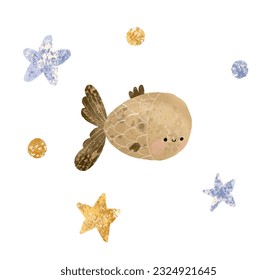 Isolated cute sea fish. Set of freshwater aquarium cartoon fish for print, children development.  Cartoon set of aquarium characters, funny marine creatures, puffer fish isolated on white background