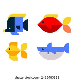 Isolated cute sea fish. Set of freshwater aquarium cartoon fish for print, children development. Varieties of decorative colored fish, flat geometric fish design