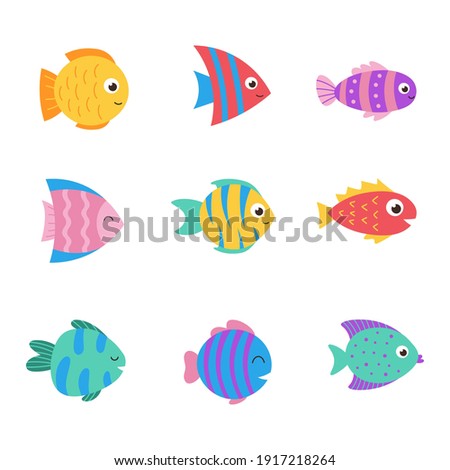 Isolated cute sea fish. Set of freshwater aquarium cartoon fish for print, children development. Varieties of decorative colored fish, flat geometric fish design 商業照片 © 