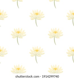 Isolated cute seamless flora pattern with white colored daisy flowers elements. White background. Flat vector print for textile, fabric, giftwrap, wallpapers. Endless illustration.