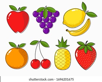 isolated cute set of simple fruits like banana, lemon, grapes, apple, strawberry, pine apple, cherries, orange. vector design.