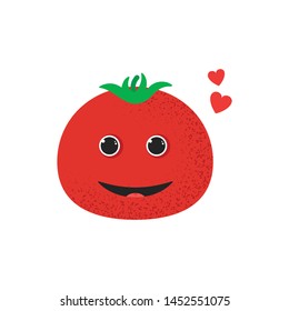 Isolated cute smile tomato character. Cartoon red vegetable. Vector Illustration. Emoji. Face With Heart