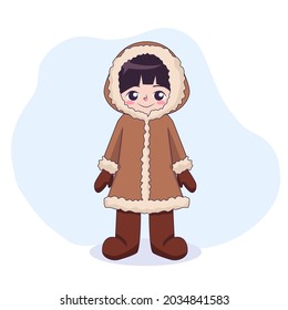 Isolated Cute Smiling Eskimo Kid Drawing. Kawaii Little Girl In Winter Clothes Cartoon Clipart. Vector Illustration EPS 10