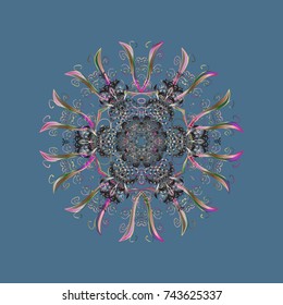 Isolated cute snowflakes on colorful background. Fine snowflake. Vector illustration. Abstract winter ornament. Round vector snowflake.