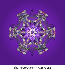 Isolated cute snowflakes on colorful background. Round vector snowflake. Vector illustration. Fine snowflake. Abstract winter violet, gray and neutral ornament.