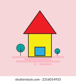 The isolated cute tiny houses, small buildings and trees in. Trendy urban and village homes with windows, roof tiles and chimneys with smoke. Colored flat vector illustration.