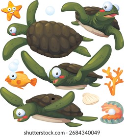 Coleção isolada de desenhos animados de tartaruga