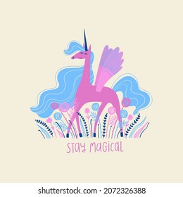 Isolated cute unicorn illustration with flowers. Card for birthday or party. Prints for nursery, girls room, t-shirt design.