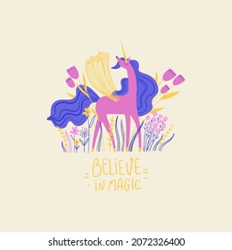 Isolated cute unicorn illustration with flowers and lettering believe in magic. Card for birthday or party. Prints for nursery, girls room, t-shirt design.