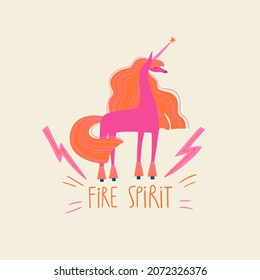 Isolated cute unicorn illustration with lettering fire spirit. Card for birthday or party. Prints for nursery, girls room, t-shirt design.