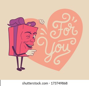 Isolated cute valentines gift box cartoon character and heart with text for you