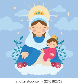 Isolated cute virgin mary character with flora ornaments Vector illustration