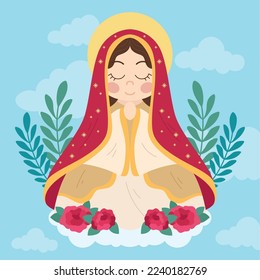 Isolated cute virgin mary character with flora ornaments Vector illustration