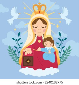 Isolated cute virgin mary character with flora ornaments Vector illustration