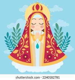 Isolated cute virgin mary character with flora ornaments Vector illustration