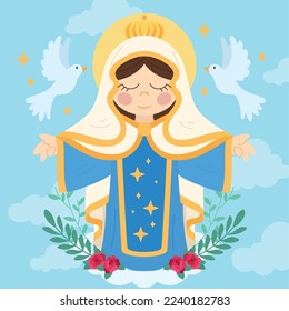 Isolated cute virgin mary character with flora ornaments Vector illustration