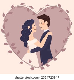 Aislados personajes de parejas de bodas lindas en forma de corazón Ilustración vectorial