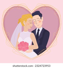 Isolated cute wedding couple characters on a heart shape Vector illustration