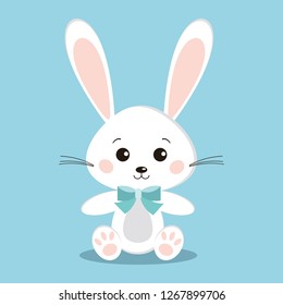 Isolated cute white rabbit in sitting pose with blue bow tie on blue background in cartoon flat style. Vector character illustration. 