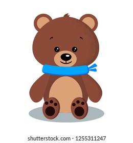 Isolated cute winter brown bear in blue scarf on white background in cartoon flat style. Vector clip art character illustration. 