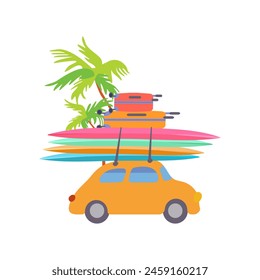 Coche retro amarillo lindo aislado 4 tablas de surf de colores Maletas rojas Viaje de vacaciones Palmera tropical Impresión plana de Vector de verano póster de póster de ropa de papel