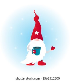Isolated cute yule staying with cup. Drinking coffee. Winter card background. Nordic poster. Vector Illustration