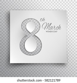 Isolated cuted light grey template for International women's day, 8 March holiday greeting card on transparent background. Vector illustration