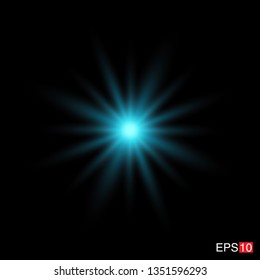 isolated cyan Rays with lens flare, Sun flare, flare on the black background. Transparent Vector Illustration
