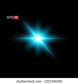 isolated cyan Rays with lens flare, Sun flare, flare on the black background. Transparent Vector Illustration