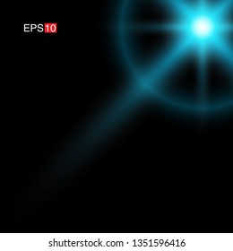 isolated cyan Rays with lens flare, Sun flare, flare on the black background. Transparent Vector Illustration