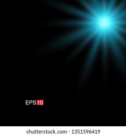 isolated cyan Rays with lens flare, Sun flare, flare on the black background. Transparent Vector Illustration