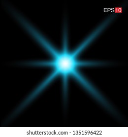 isolated cyan Rays with lens flare, Sun flare, flare on the black background. Transparent Vector Illustration
