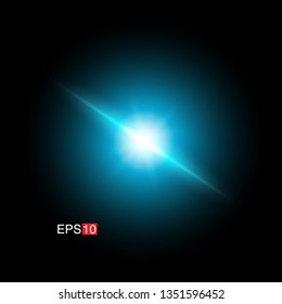 isolated cyan Rays with lens flare, Sun flare, flare on the black background. Transparent Vector Illustration