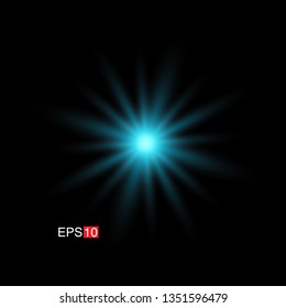 isolated cyan Rays with lens flare, Sun flare, flare on the black background. Transparent Vector Illustration