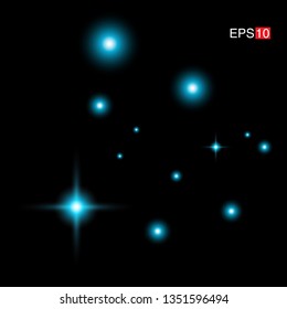isolated cyan Rays with lens flare, Sun flare, flare on the black background. Transparent Vector Illustration