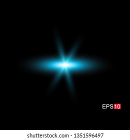 isolated cyan Rays with lens flare, Sun flare, flare on the black background. Transparent Vector Illustration