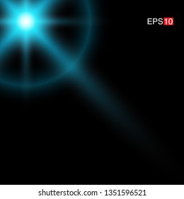 isolated cyan Rays with lens flare, Sun flare, flare on the black background. Transparent Vector Illustration