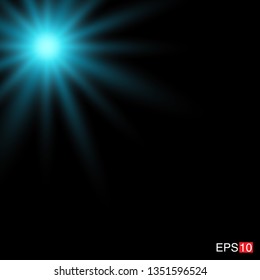 isolated cyan Rays with lens flare, Sun flare, flare on the black background. Transparent Vector Illustration