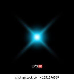 isolated cyan Rays with lens flare, Sun flare, flare on the black background. Transparent Vector Illustration
