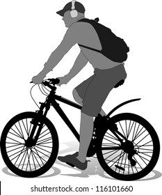 isolated cyclist with backpack silhouette