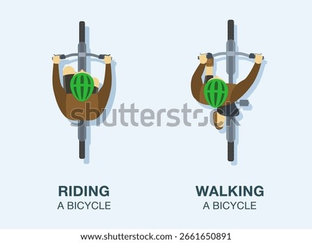 Isolated cyclist riding a bicycle and cyclist walking a bicycle. Top view. Flat vector illustration template. 